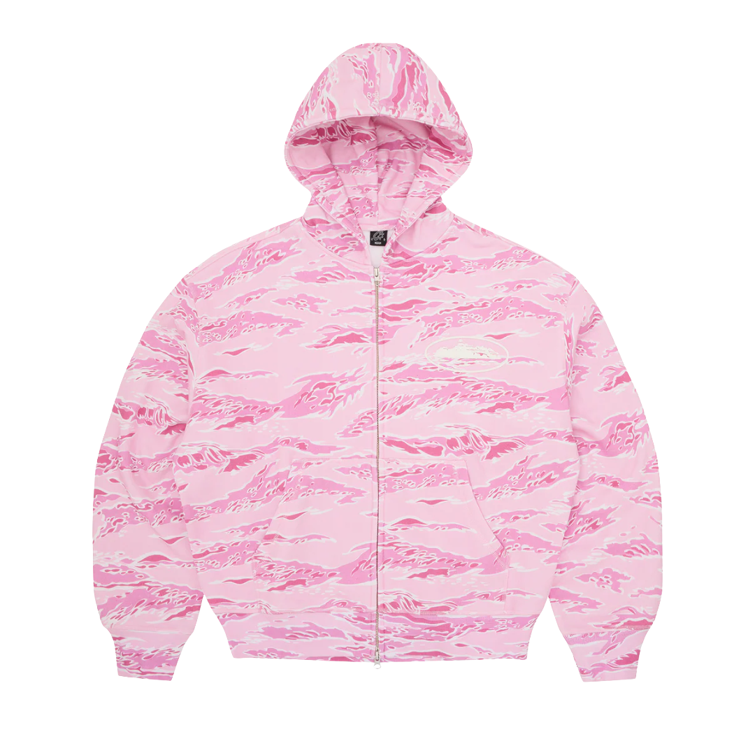 Corteiz Island Puff Print Zip Hoodie Pink Tiger Camo