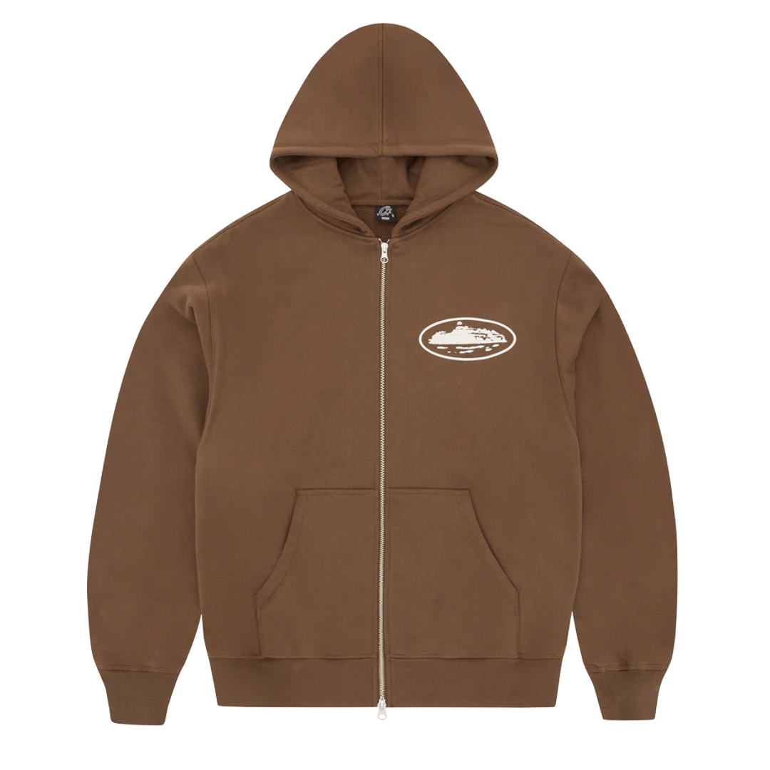 Corteiz Island Puff Print Zip Hoodie Brown