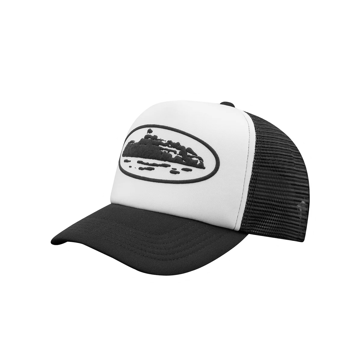 Corteiz Og Island Puff Print Trucker Hat  White Black