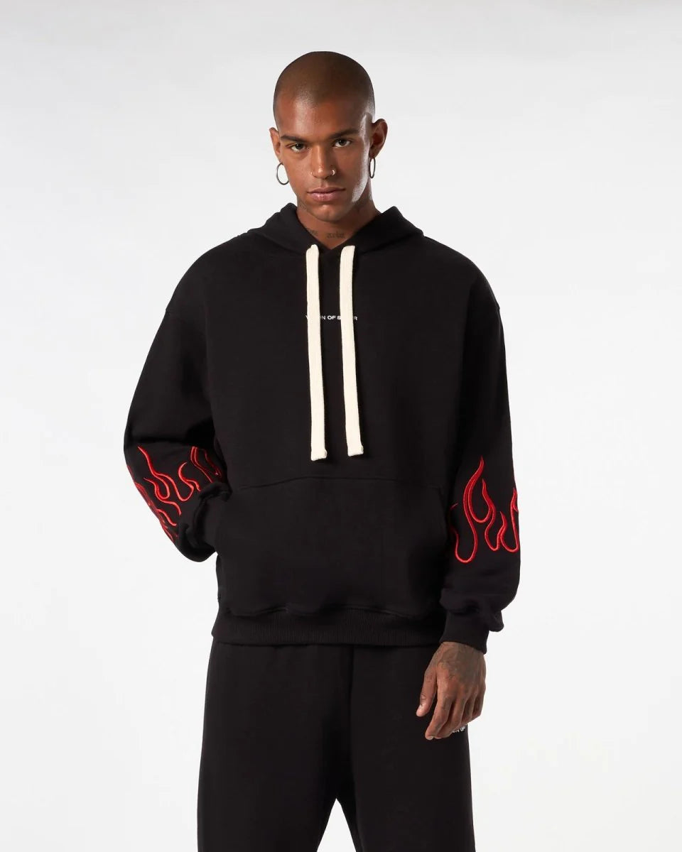 Vision Of Super - BLACK HOODIE WITH RED EMBROIDERED FLAMES