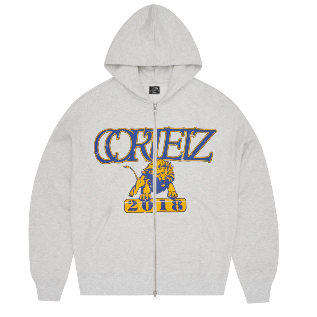 Corteiz Lion Boxy Zip Up Hoodie Light Heather